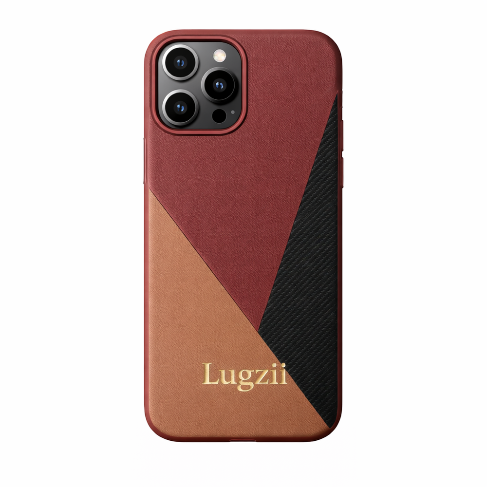 Bordeauxrode en beige Lugzii geometrische leren hoes voor iPhone 15 Pro Max