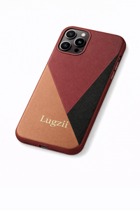 Bordeauxrode en beige Lugzii geometrische leren hoes voor iPhone 15 Pro Max