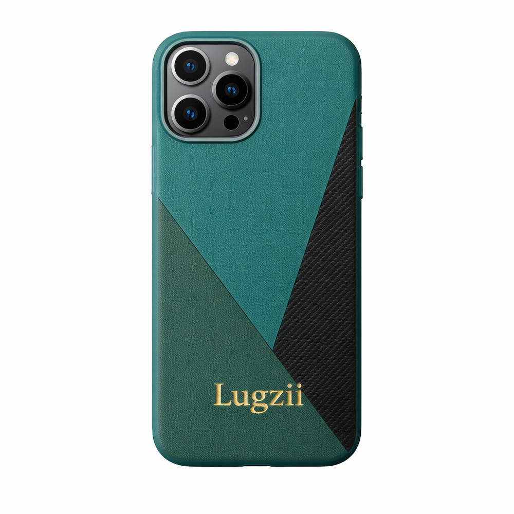 Bosgroene Lugzii geometrische leren hoes voor iPhone 15 Pro Max