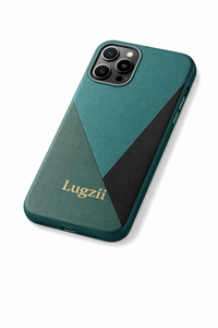 Bosgroene Lugzii geometrische leren hoes voor iPhone 15 Pro Max