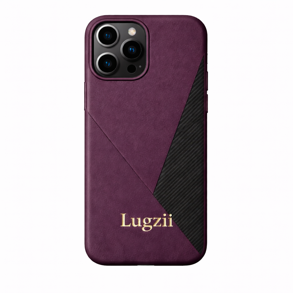 Paarse en zwarte Lugzii geometrische leren hoes voor iPhone 15 Pro Max