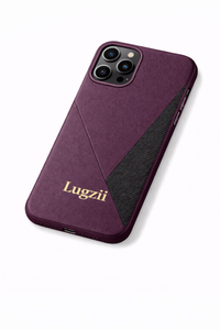 Paarse en zwarte Lugzii geometrische leren hoes voor iPhone 15 Pro Max